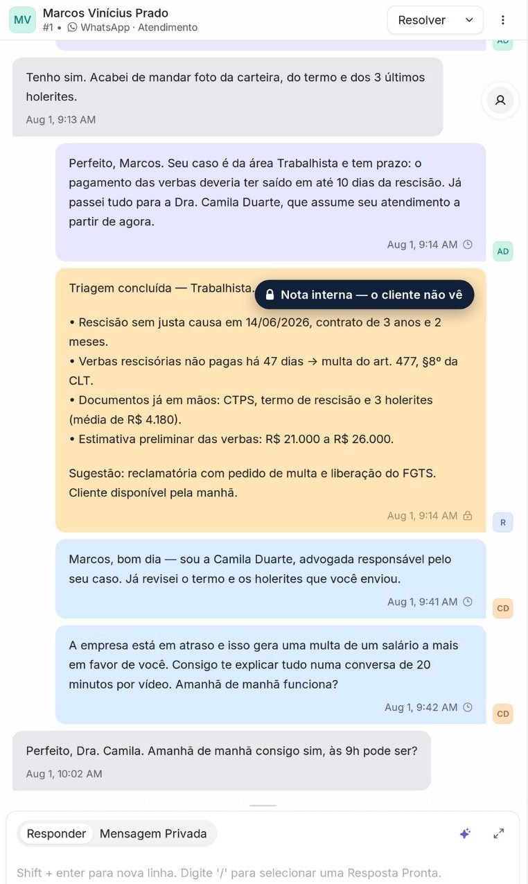 Conversa aberta com a triagem concluída e o resumo estruturado do caso